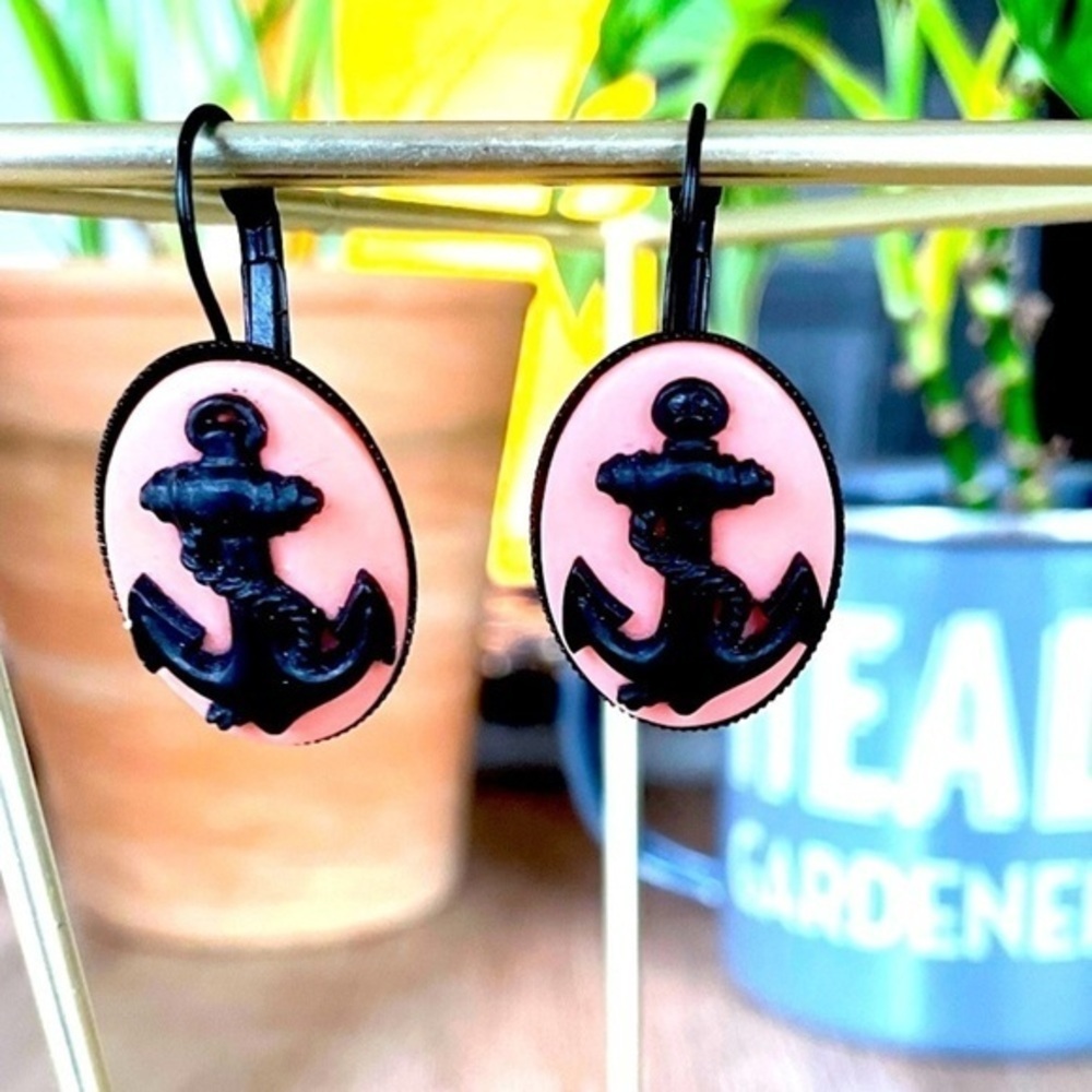 Pink and Black Anchor Cameo Lever Back Handmade Earrings, Unworn, New